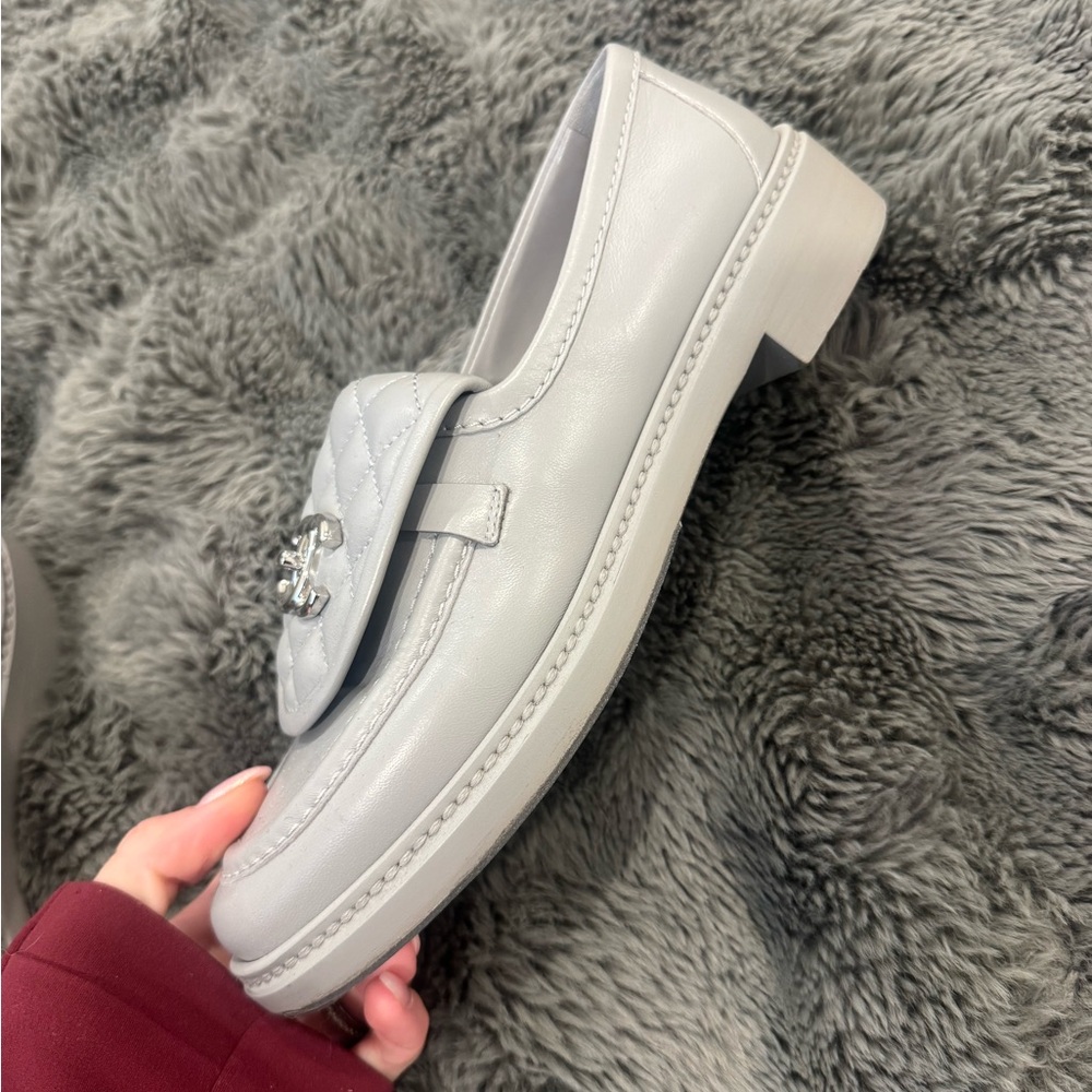 Chanel 21B Grey Quilted Flap Turnlock CC Logo Silver Mule Slip Flat Loafer 37.5 - Picture 3 of 12